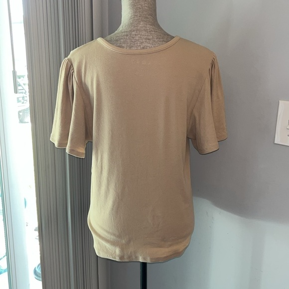 LOFT Tan Henley top with gathered puff sleeves V neck buttons Large beige. - Picture 5 of 7